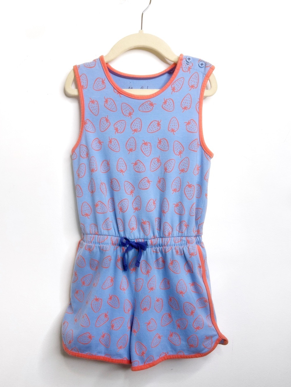Mini Boden Strawberry Print Blue Tank Shorts Romper Size 6-7y